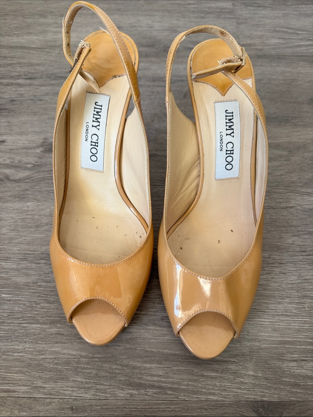 Jimmy Choo Beige Patent Peep-Toe Slingback Heels